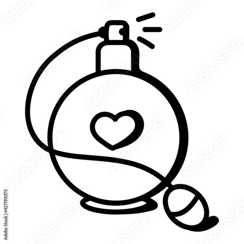
A fragrance bottle with hearts, doodle icon

