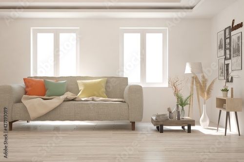 Soft color living room with sofa. Scandinavian interior design. 3D illustration