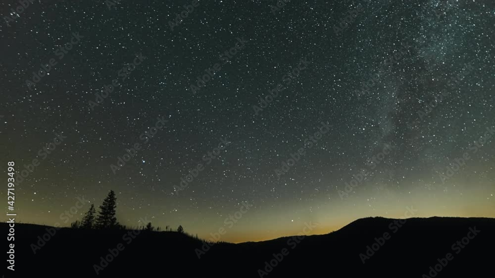 Night Sky of Milky Way and Planes Passing Over Silhouetted Horizon, Timelapse Night Sky of Milky Way and Planes Passing Over Silhouetted Horizon, Timelapse