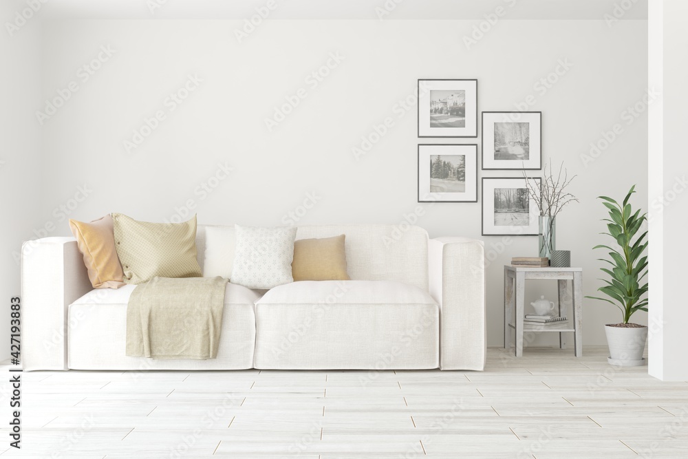 Fototapeta premium Soft color living room with sofa. Scandinavian interior design. 3D illustration