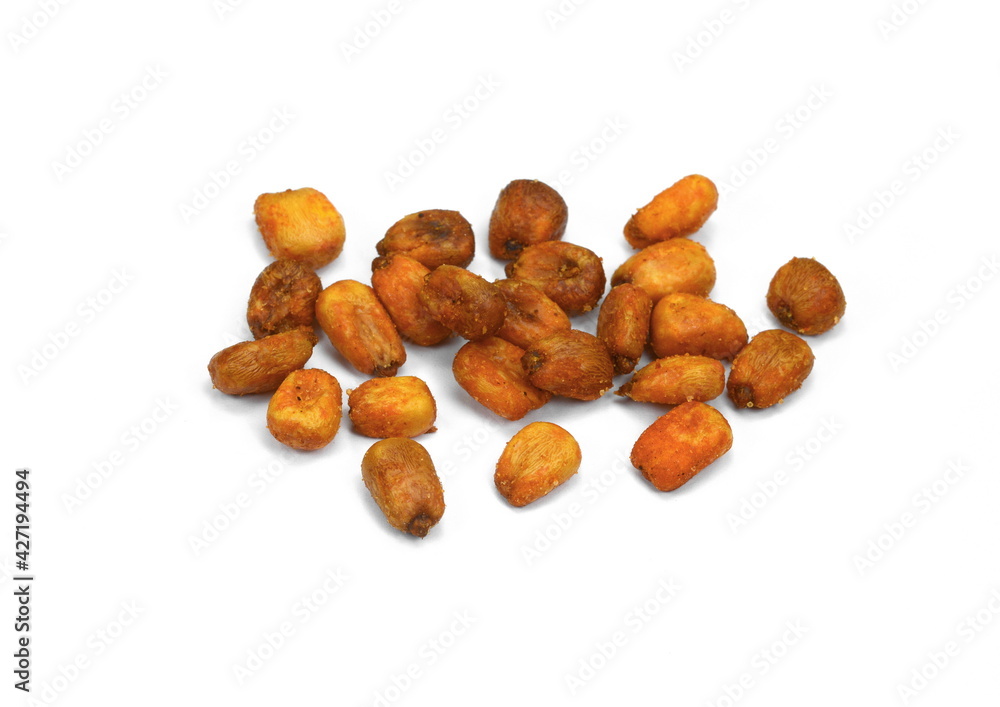 Pile of toasted salted corn on a white background. Salted roasted corn with chili pepper. Pile of toasted salted corn on a white background. Salted roasted corn with chili pepper.
