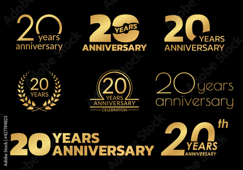 20 years anniversary icon or logo set. 20th birthday celebration golden badge or label for invitation card, jubilee design. Vector illustration.