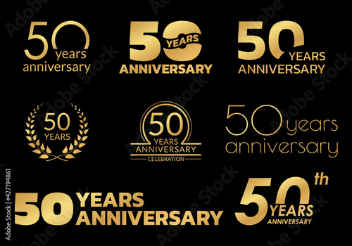 50 years anniversary icon or logo set. 50th birthday celebration golden badge or label for invitation card, jubilee design. Vector illustration.
