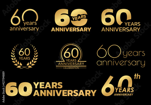 60 years anniversary icon or logo set. 60th birthday celebration golden badge or label for invitation card, jubilee design. Vector illustration.