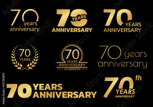 70 years anniversary icon or logo set. 70th birthday celebration golden badge or label for invitation card, jubilee design. Vector illustration.