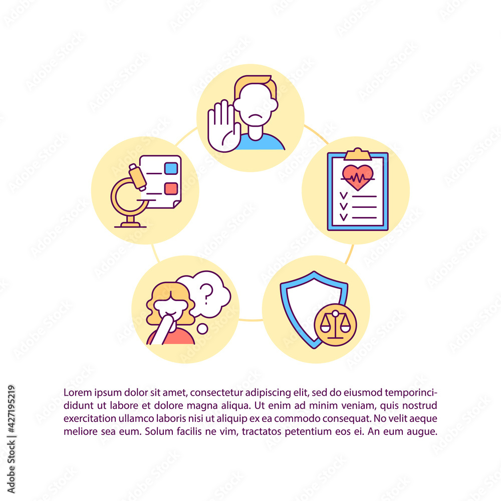 Clinical trial participants rights concept line icons with text. PPT page vector template with copy space. Brochure, magazine, newsletter design element. Volunteering linear illustrations on white