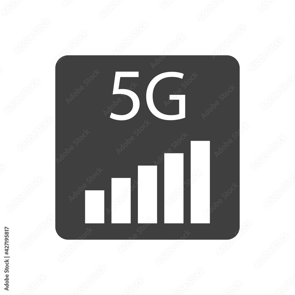 Logotipo de red inalámbrica o wifi de alta velocidad. Texto 5G en cuadrado con barras de potencia de color gris Logotipo de red inalámbrica o wifi de alta velocidad. Texto 5G en cuadrado con barras de potencia de color gris