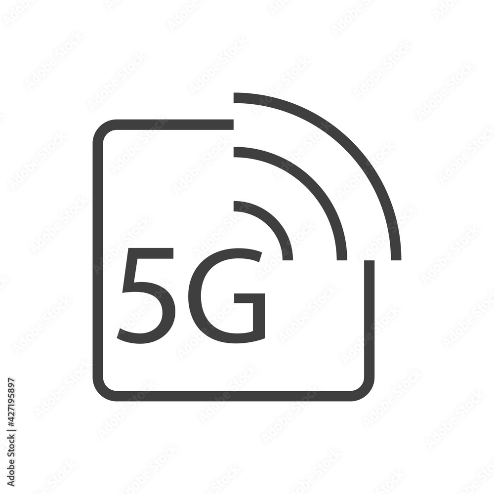 Logotipo de red inalámbrica o wifi de alta velocidad. Texto 5G en cuadrado con olas con lineas de color gris Logotipo de red inalámbrica o wifi de alta velocidad. Texto 5G en cuadrado con olas con lineas de color gris