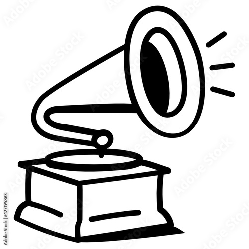 
Audio music device icon, doodle design of gramophone 

