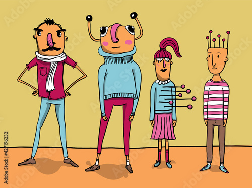 Group of four weird and offbeat characters. Hand drawn colorful illustration in vector format.