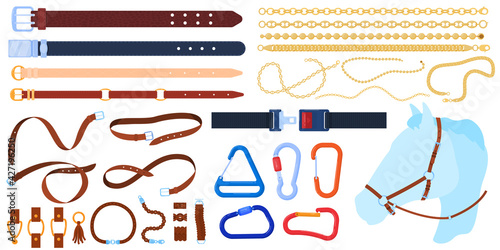 Leather belts, gold chains and harness accessories, collection handmade jewelry, flat style vector illustration, isolated on white