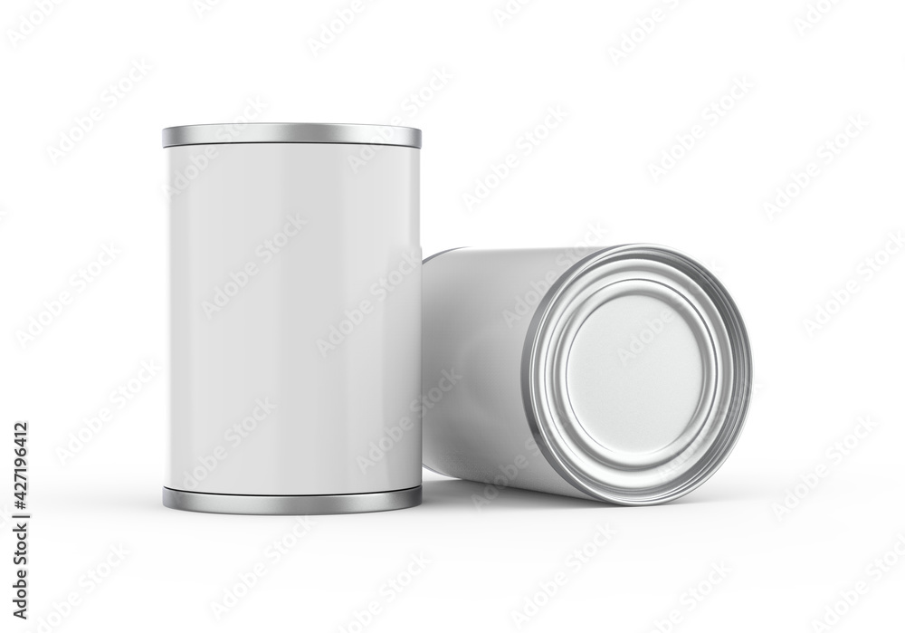 Metallic food tin can mockup template for fish, beans, meat, corns, peas and vegetables. Steel tin jar mockup for design presentation, 3d illustration Metallic food tin can mockup template for fish, beans, meat, corns, peas and vegetables. Steel tin jar mockup for design presentation, 3d illustration