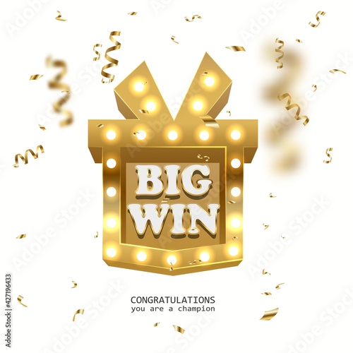 Win prize gift box with golden retro board broadway sign vector illustration.