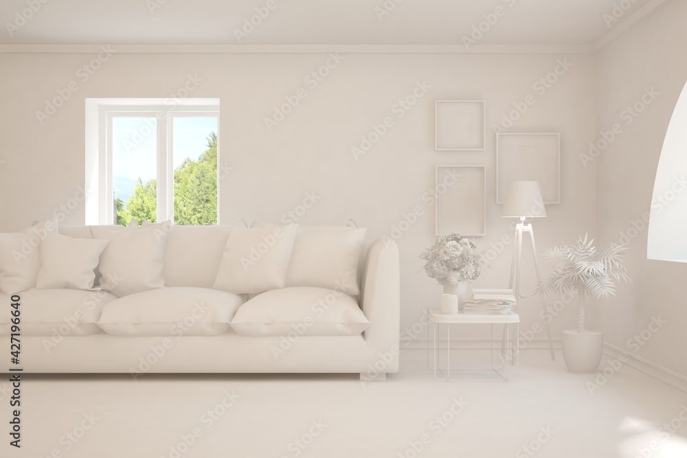 Mock up of stylish room in white color with sofa and green landscape in window. Scandinavian interior design. 3D illustration Mock up of stylish room in white color with sofa and green landscape in window. Scandinavian interior design. 3D illustration