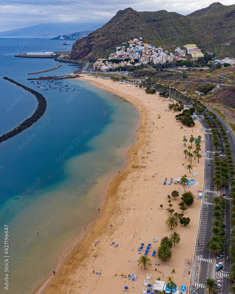 Playa de Las Teresitas Santa Cruz de Tenerife CAnary island aerial drone view