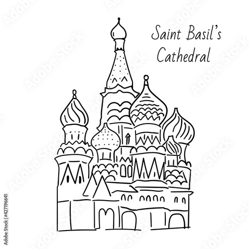 Hand drawn doodel sketch of Moscow landmarks. Saint Basil's cathedral on the Red square. black line on white background.