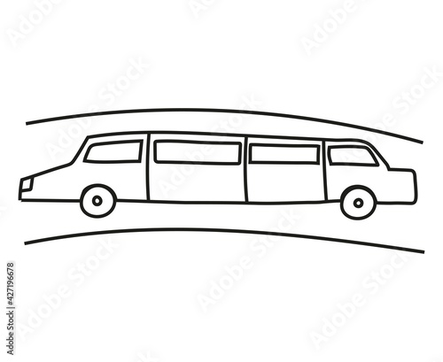 Hand drawn doodle limousine for coloring children book. Simple line, 2 - 4 age group. Big mashines, lorry, havy vehicle transport.