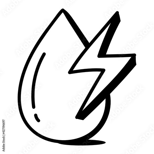 
Power bolt with water drop, doodle icon of hydroelectric 

