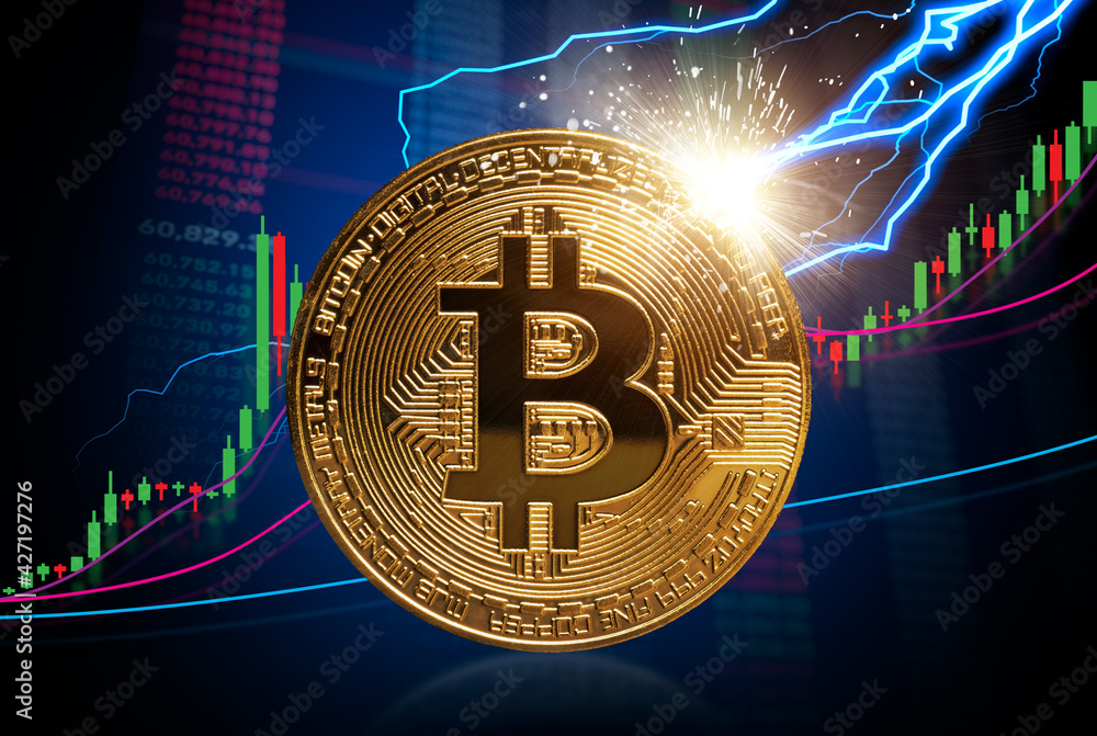 To the moon and Bitcoin stock growth concept: Strong increase of Bitcoin prices shown at candlestick bull market chart. Lightning hitting the bitcoin. Investment in cryptocurrency world. To the moon and Bitcoin stock growth concept: Strong increase of Bitcoin prices shown at candlestick bull market chart. Lightning hitting the bitcoin. Investment in cryptocurrency world.