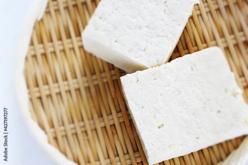 Healthy food ingredient, tofu on bamboo basket