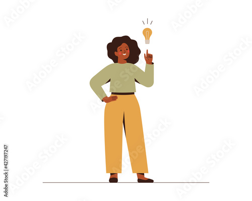 Black woman points on light bulb over her. Happy African female entrepreneur has business idea. Concept of innovation, solution and creativity. Vector illustration