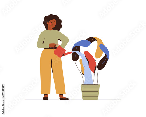 Black woman growing and watering business idea. African American female entrepreneur cares about her eco-green project. Corporate Social Responsibility concept. Vector illustration