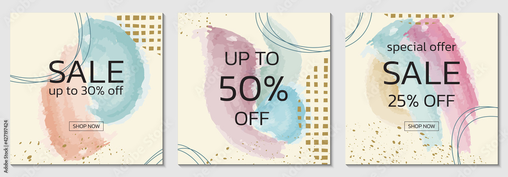 Sale background design set with watercolor abstract shapes and geometric design elements. Brush painted banner, poster or square card collection. Discount frames with pastel colors. Vector. - obrazy, fototapety, plakaty 