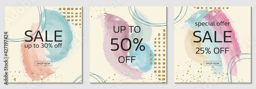 Sale background design set with watercolor abstract shapes and geometric design elements. Brush painted banner, poster or square card collection. Discount frames with pastel colors. Vector.