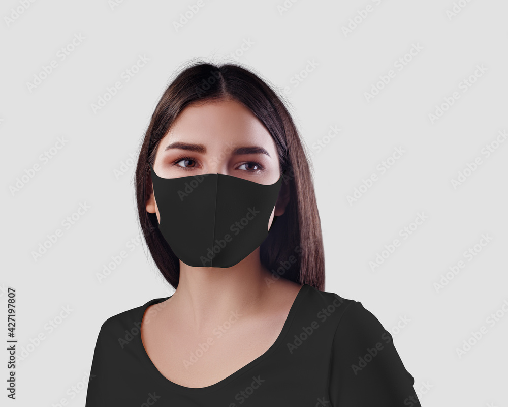 Black seamless mask mockup on dark haired girl Black seamless mask mockup on dark haired girl