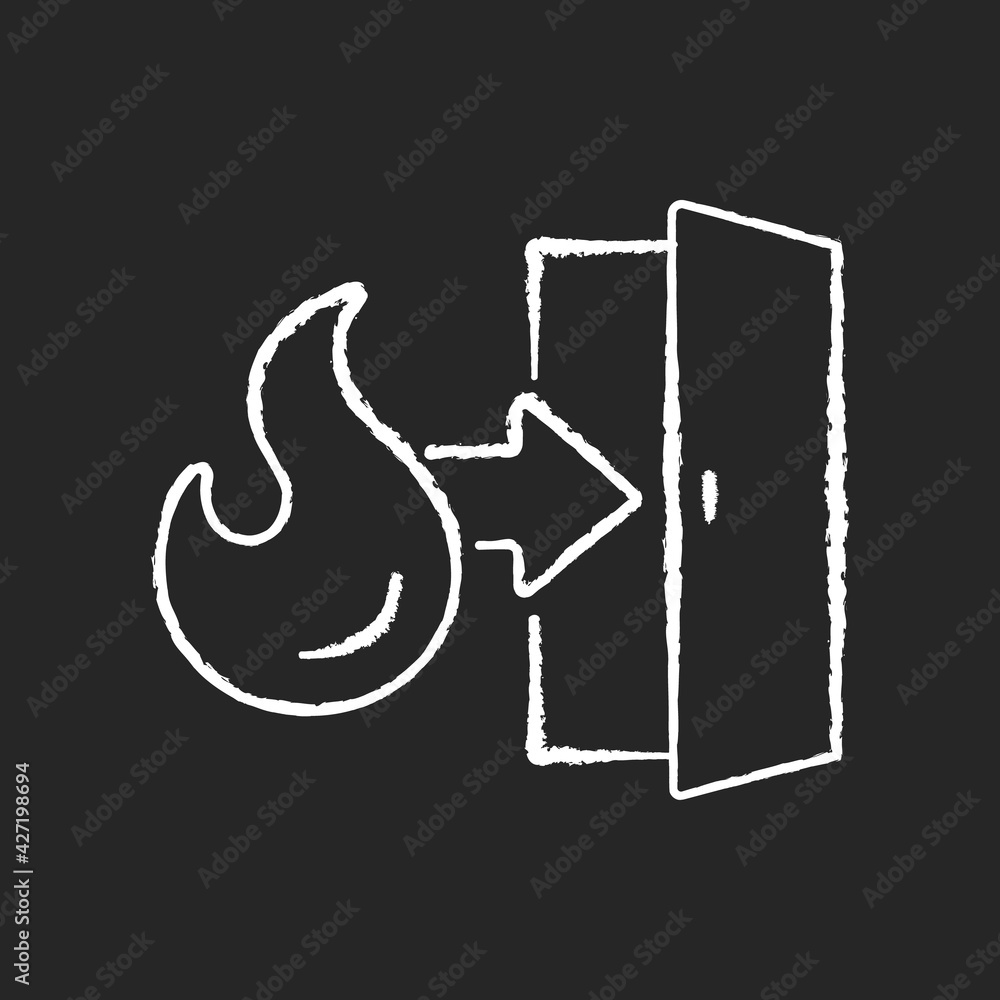 Emergency exit chalk white icon on black background. Evacuation door