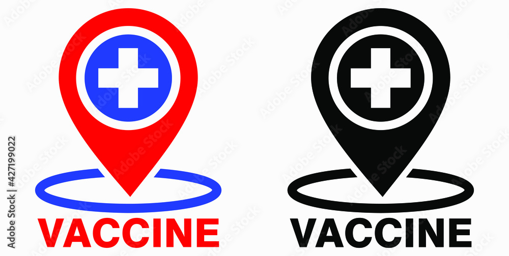 Obraz premium Vaccine and location icon. Syringe sign. The location of the hospital. Vector icon.