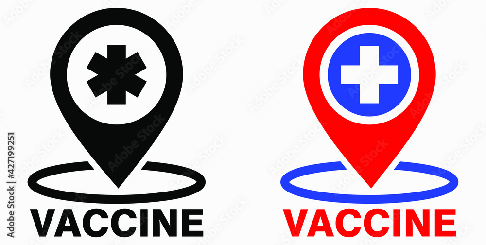 Vaccine and location icon. Syringe sign. The location of the hospital. Vector icon. Vaccine and location icon. Syringe sign. The location of the hospital. Vector icon.