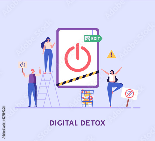 People meditate, clean, step out, relax, read books. Concept of digital detox, disconnecting, abandoning internet, device free zone, internet addiction, no mobile. Vector illustration in flat design.
