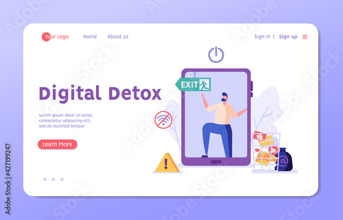 Man leaves a smartphone in a zone without gadgets. Concept of digital detox, disconnecting, abandoning internet, device free zone, internet addiction, no mobile. Vector illustration in flat design.