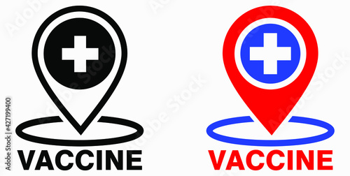 Vaccine and location icon. Syringe sign. The location of the hospital. Vector icon.