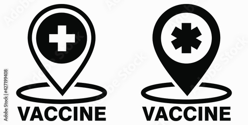 Vaccine and location icon. Syringe sign. The location of the hospital. Vector icon.