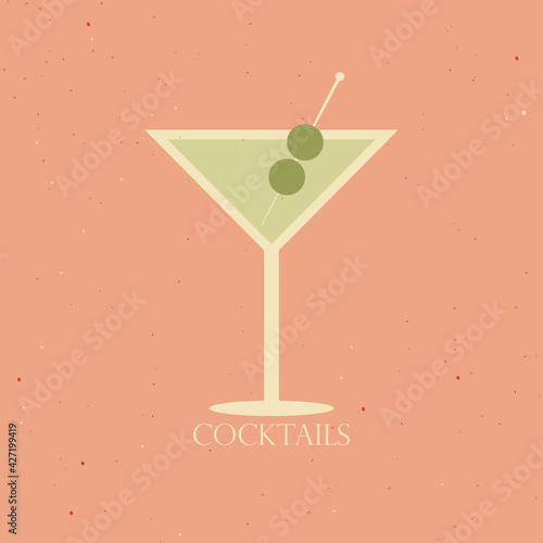 Cocktail on pink background. Vector illustration of alcohol cocktail drink. Classical drink with green olives