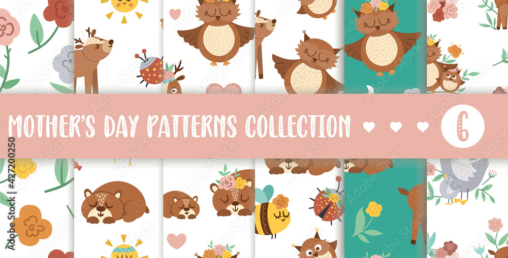 Vector seamless pattern collection with cute boho baby animals and ...
