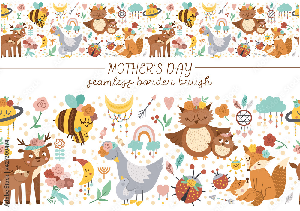 Vector horizontal seamless border with Mothers day characters and elements. Repeating brush with cute forest baby animals and parents showing family love. Funny boho style holiday pattern..