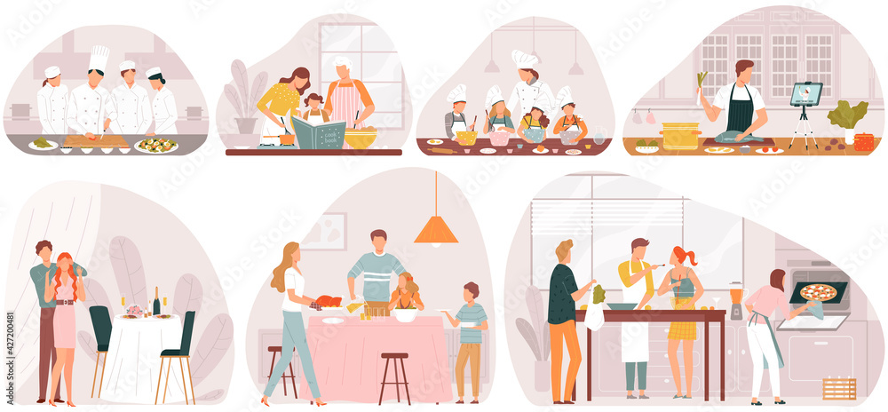 Cooking in kitchen at home, busy people, family spending time together, cooking situations set, cartoon style vector illustration.