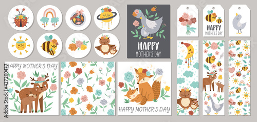 Cute set of Mothers day sale cards with cute forest baby animals and parents. Vector square, round, horizontal, vertical print templates. Holiday designs for tags, postcards, sale, scrapbooking.  .