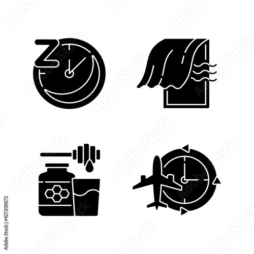 Recommendations to improve sleep black glyph icons set on white space. Sleep hygiene, regularity. Bedroom airing. Milk and honey. Jet lag, time zone. Silhouette symbols. Vector isolated illustration