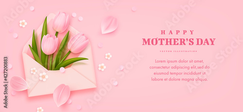 Mother's day horizontal banner with realistic envelope, tulip flowers and petals on pink background. Vector illustration