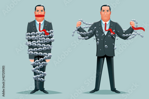 Imprisoned businessman release breaking chains liberation heroic strength cartoon design character business concept vector illustration