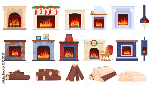 Set home fireplaces, wood cozy fire in house, decorative ornament, design cartoon style vector illustration, isolated on white.