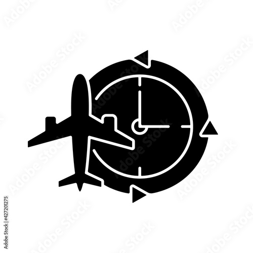 Jet lag black glyph icon. Sleep disorder. Time zones change due to international flight. Fatigue from traveling by plane. Silhouette symbol on white space. Vector isolated illustration