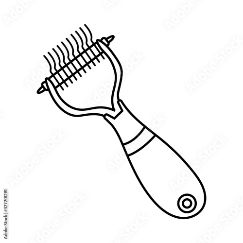 Isolated brush for wool with sharp teeth in doodle style. Brush for animal fur hand drawn. Pet accessory icon on white background. Vector illustration.