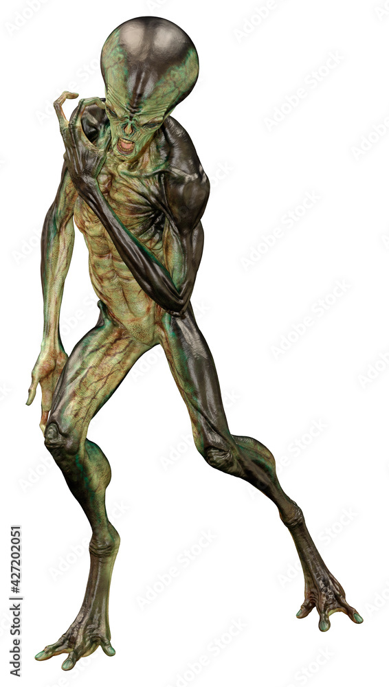 3D Rendering Green Alien on White 3D Rendering Green Alien on White