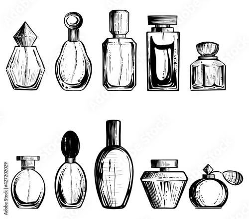 Set of perfume bottles, monochrome, vector