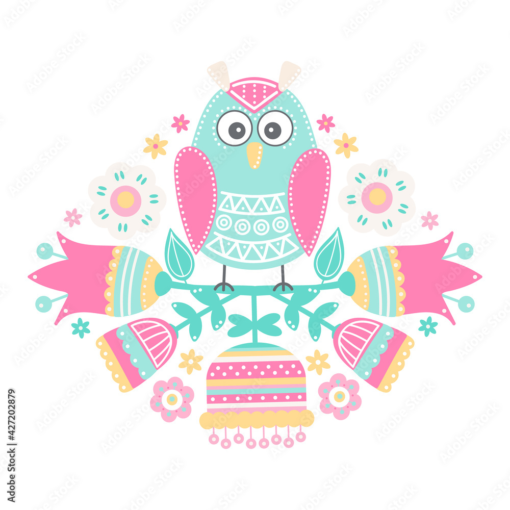 Obraz premium Vector hand drawn composition with owls and flowers. Illustration in flat style. Pastel colors - mint, pink, yellow, beige. Cute childish illustration for textile, cards, posters.